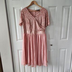 Miusol Pink Floral Lace Mock Wrap Cocktail Dress